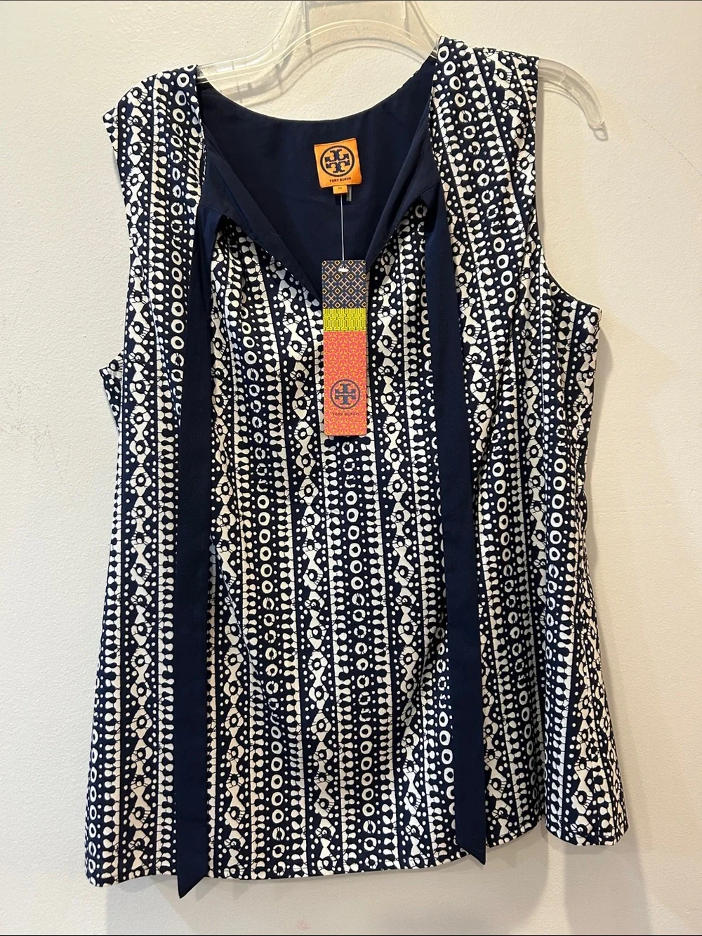 Tory Burch Navy and White Printed Sleeveless Blouse with Geometric Pattern